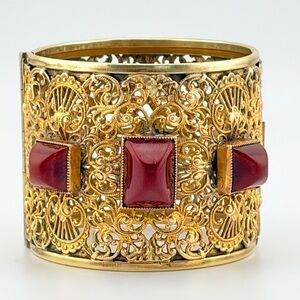 RARE Vintage Napier Gold Plated Brass Filigree Cuff With Carnelian Cabochons.